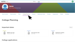 Xello Family account. The cursor is clicking on the College Planning tab.